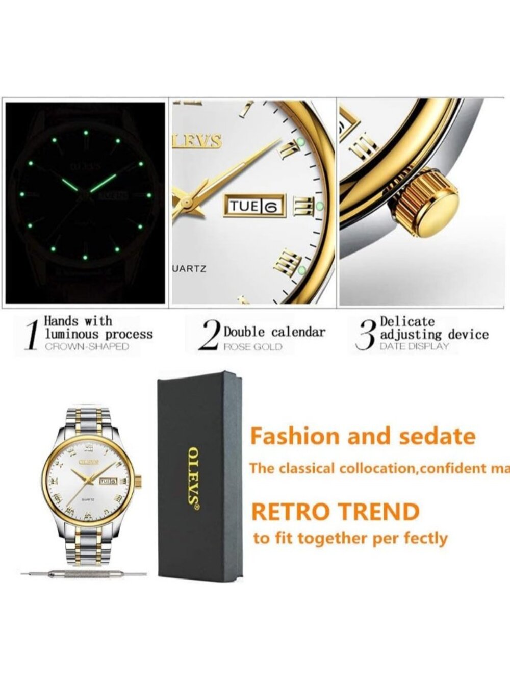 Olevs Men's Gold Silver Stainless Analog Quartz Waterproof Luminous Wrist Watch - Picture 3 of 6